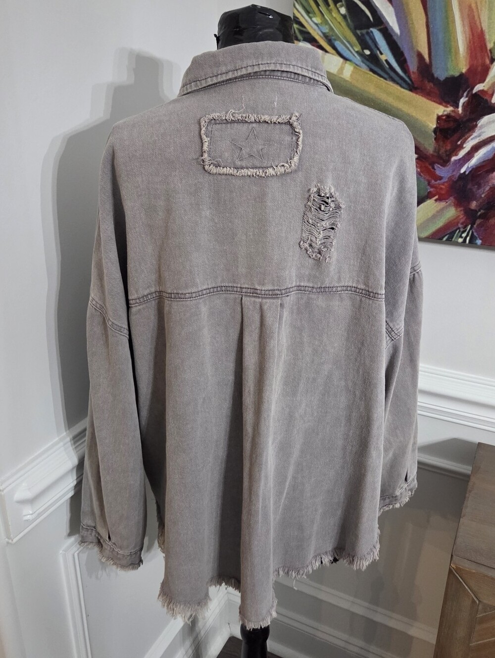 POL Distressed Denim Shacket Jacket Oversized Frayed Raw Hem Violet Gray Large - Picture 8 of 11
